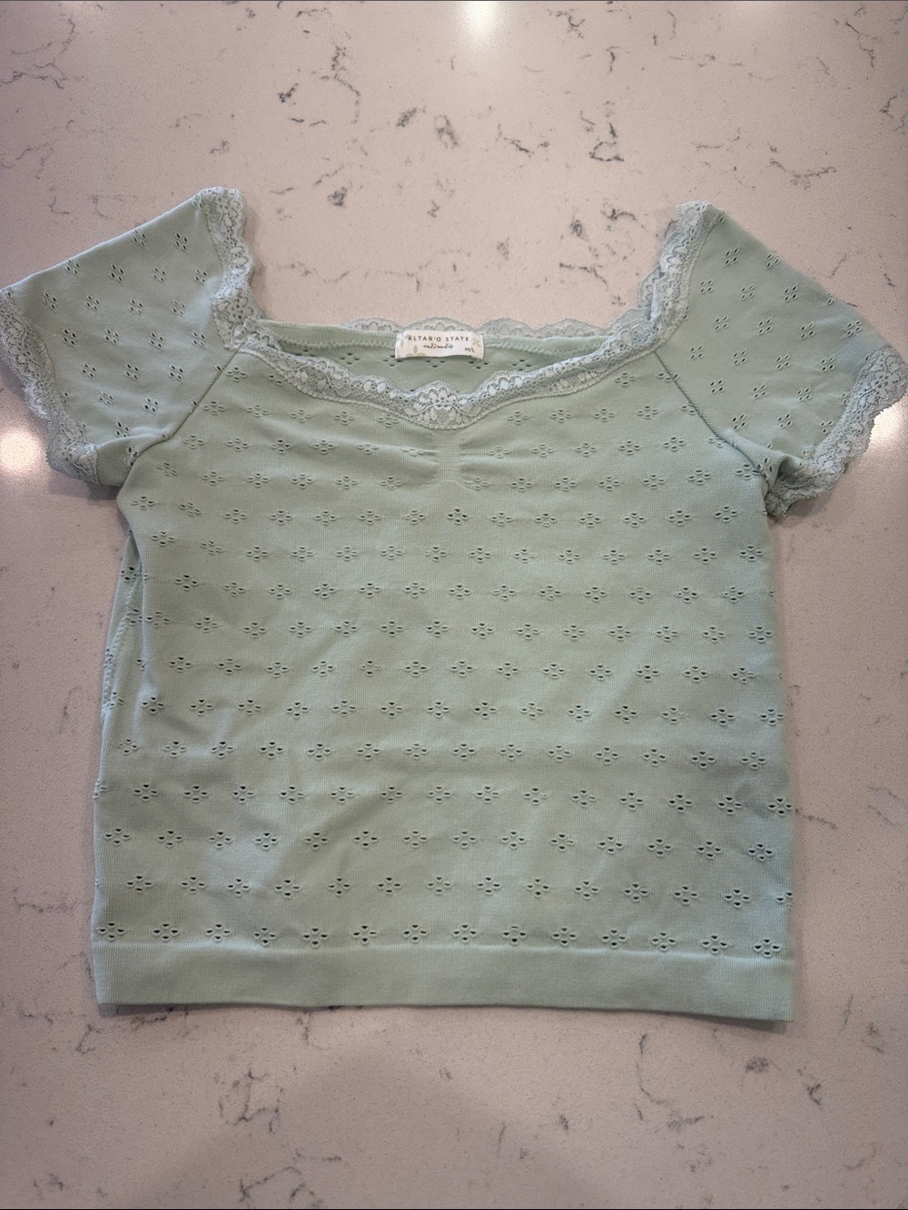 Mint Eyelet Lace Trim Short Sleeve Top - Ivy & Oak